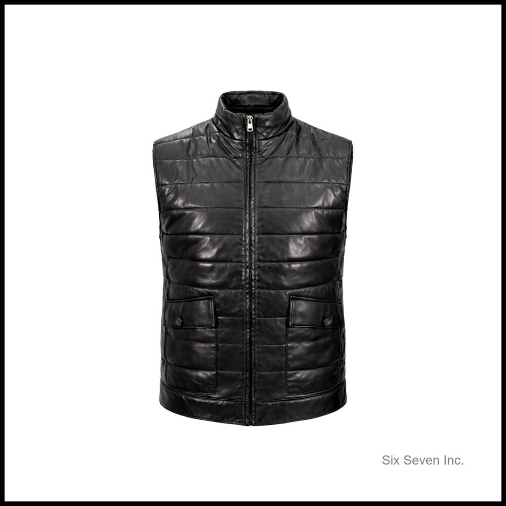 Real Lambskin Leather Puffer Vest Sleeveless Jacket Men's Outerwear